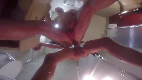 Shemale in shower fucks her black guy with her dildo