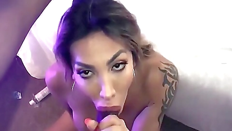 Tattooed brunette 18+ deepthroated and fucked in POV