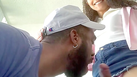 Busty ebony babe gets deep throat pounded by a cock