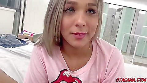 Busty brunette shemale gets fucked in POV in threesome