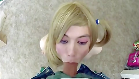 Blonde shemale with a beautiful face is fucked deepthroat