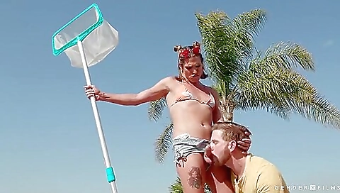 A blonde with a tattooed ass gets her ass fucked outdoors